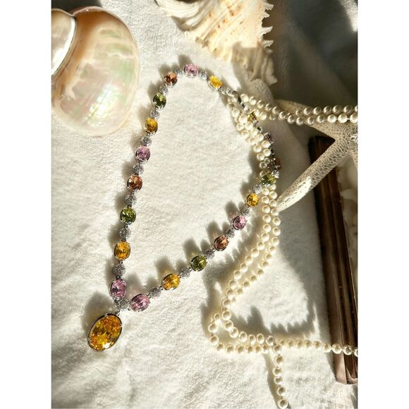 Gorgeous oval canary and multicolor cubic zirconia statement necklace ￼ - Picture 1 of 12